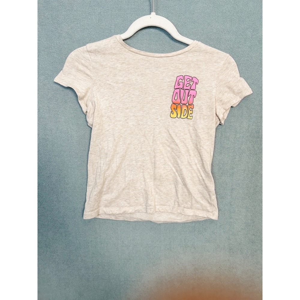 Old Navy Kids Large 10-12 Get Out Side Graphic Tee Oatmeal Heather Pink Orange